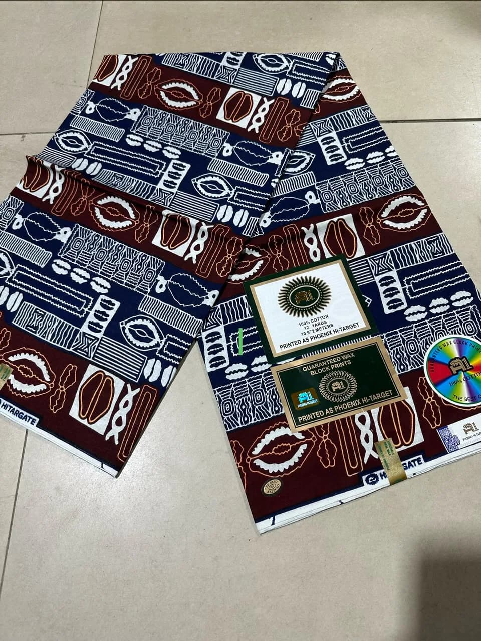 Tissu Wax — Bleu Marine & Bordeaux, Motif Cauris